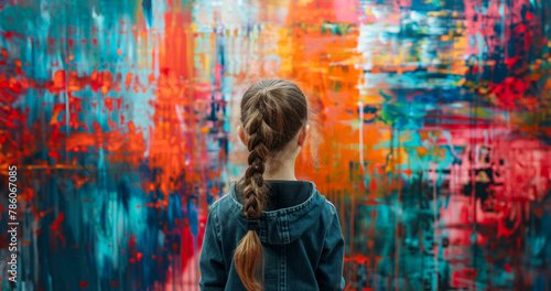 A girl with a ponytail stands in front of a colorful painting