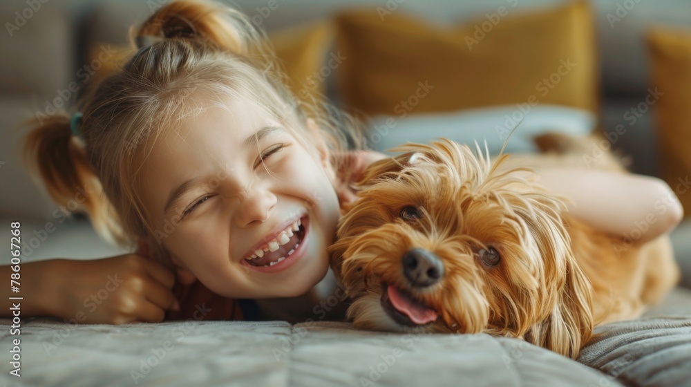 Pure joy fills the air as a cheerful girl giggles while her loyal brown dog playfully licks her face on a cozy couch. Their joyful interaction captures the essence of unwavering companionship.
