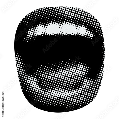 Retro halftone mouth. Modern collage. Wide open womans lips. Pop art dotted style. Screaming mouth. Trendy newspaper parts. Lips with halftone texture. Paper cutout element. Y2K style. Body part