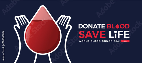 World blood donate day, Donate blood save life - Text and white line hands hold drop blood bag shape on dark blue background vector design