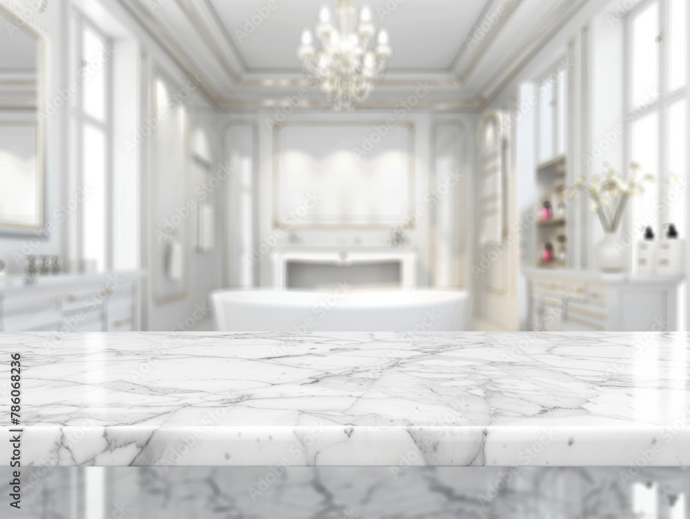 Fototapeta premium White bathroom interior. Empty marble table top for product display with blurred bathroom interior background - ai