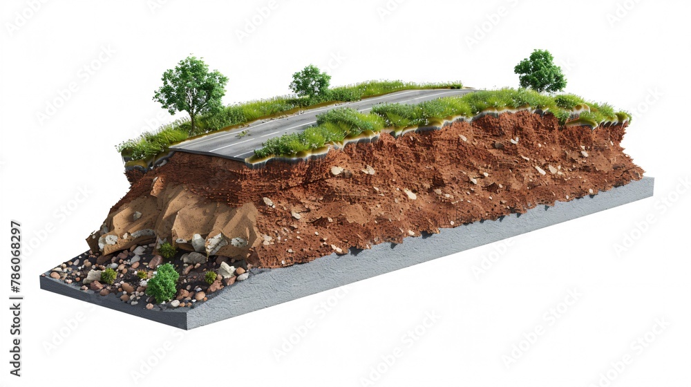 Isometric 3D illustration of a road with a cutaway of soil and rocks on ...