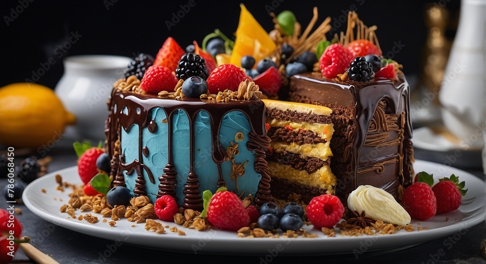 Cake with whipped cream and fresh berries. Dark blue background. Close-up. Cake with whipped cream and fresh berries. Dark blue background. Close-up.