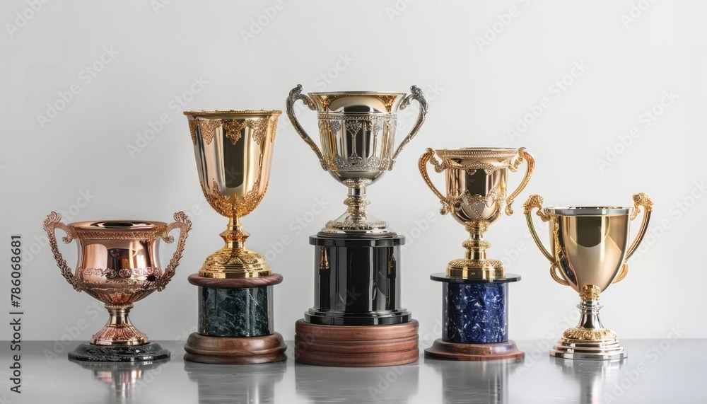 A display of trophies on a table, showcasing achievements and success A display of trophies on a table, showcasing achievements and success