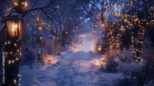 A snowy woodland path illuminated by lanterns and lined with holiday decorations, inviting wanderers to explore its wintry beauty. 8k, realistic, full ultra HD, high resolution, and cinematic © Amer