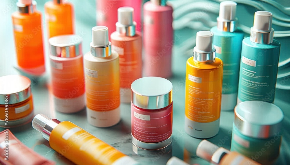 Various cosmetics in liquid form displayed on the table Various cosmetics in liquid form displayed on the table