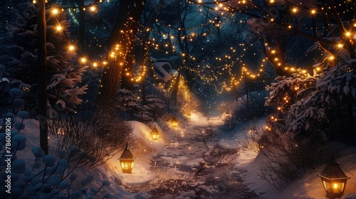 A snowy woodland path illuminated by lanterns and lined with holiday decorations  inviting wanderers to explore its wintry beauty. 8k  realistic  full ultra HD  high resolution  and cinematic