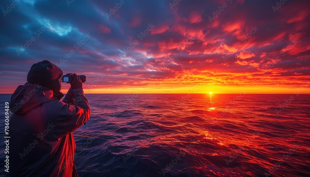 Obraz premium A fisherman captured a beautiful sunset moment