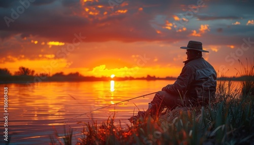 Fisherman at sunset near the water with a fishing rod photo