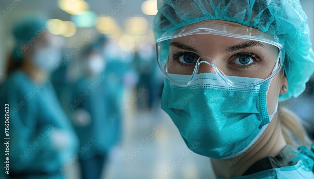 Close up of surgeon in mask and goggles with electric blue eye protection Close up of surgeon in mask and goggles with electric blue eye protection