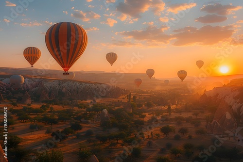 Hot Air Balloons Flying Over a Valley at Sunset. Generative AI