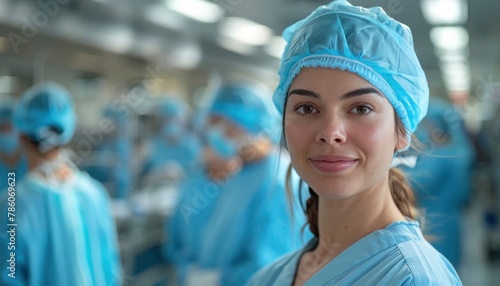 a female surgeon is standing in front of a group of surgeons in a hospital