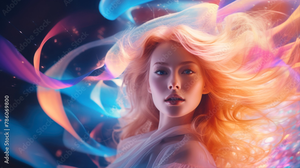 portrait of a beautiful blonde girl with long hair and multicolored lights portrait of a beautiful blonde girl with long hair and multicolored lights