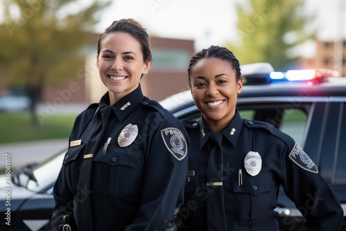 African American cop with white cop pose. Female African American police officer and white police officer stand together. African American with European colleague pose against police car before shift
