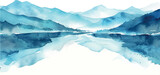 watercolor blue background illustration lake and mountains