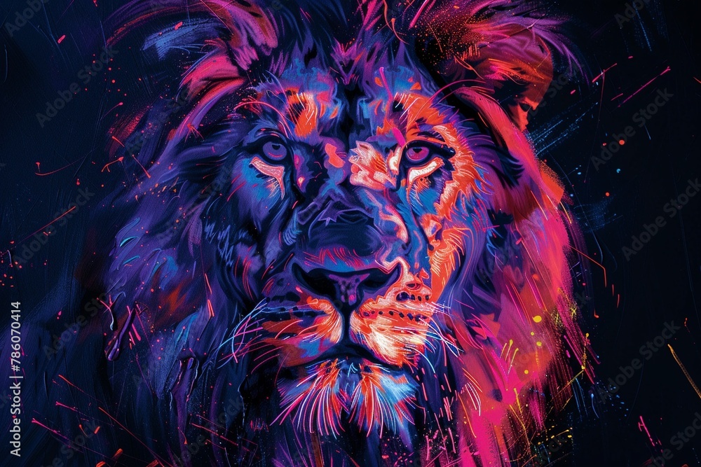 Energetic painting of a lion under blacklight, its determined posture highlighted with neon strokes, vivid against the darkness
