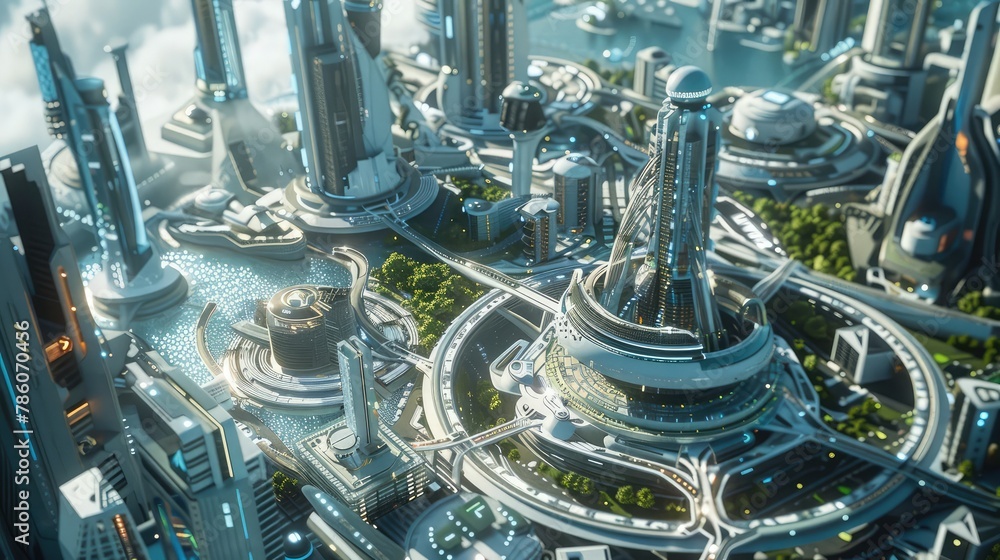 A sleek, futuristic smart city with interconnected infrastructure and advanced systems optimizing energy usage, transportation, and public services to create a sustainable and livable