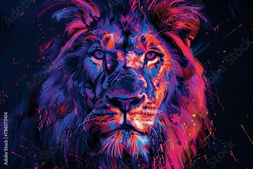 Energetic painting of a lion under blacklight  its determined posture highlighted with neon strokes  vivid against the darkness