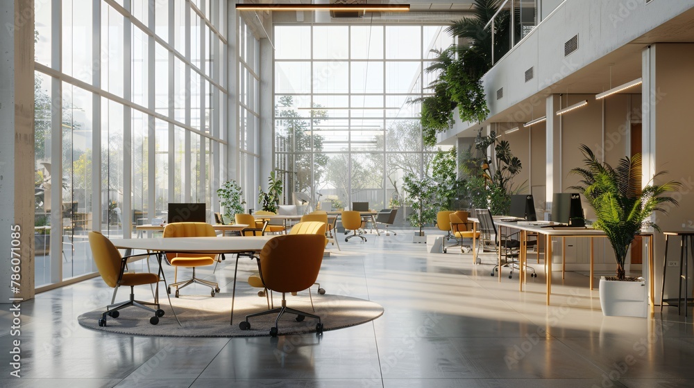 Modern, illuminated shared workspace featuring furnishings, windows, and technology. Innovative office design. 3D Visualization.