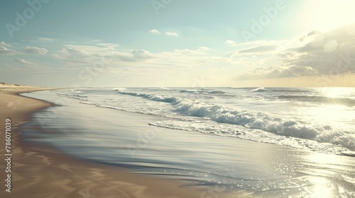 an uninhabited beach through a photograph showcasing pristine sands and untouched shores  offering a serene escape from the hustle and bustle of daily life.