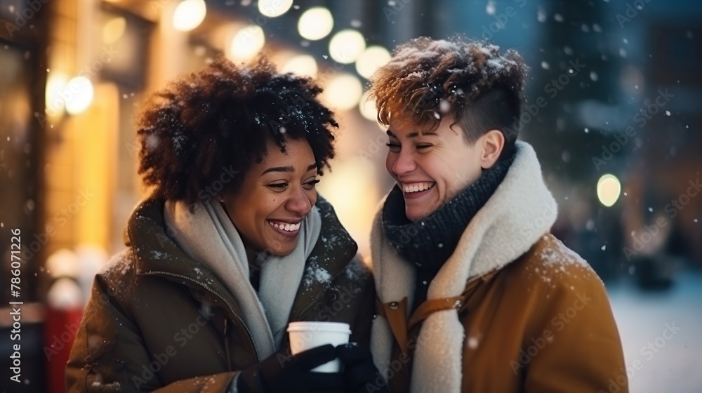International lesbian couple strolls with coffee sharing intimate moments of warmth and affection during evening in tranquil park. Couple of girlfriends enjoys coffee walking through park.