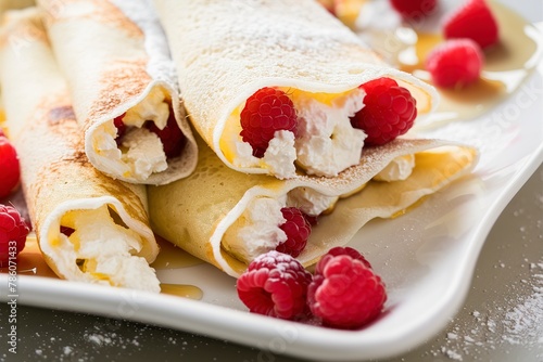 Crepes filled with cottage cheese and raspberry for breakfast photo