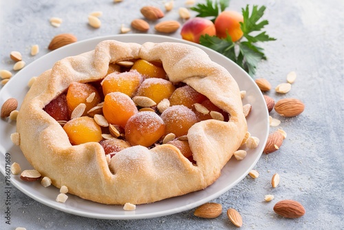 Free form open pie with apricots and almonds photo
