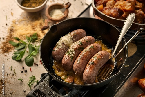 Homemade sausage with italian herbs and cheese in a cast iron pan photo