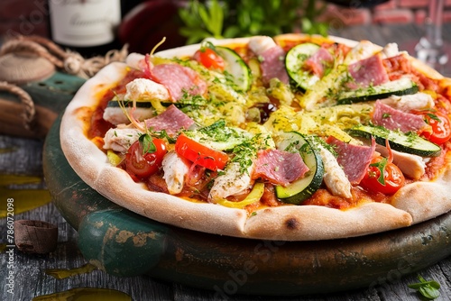 Italian pizza with chicken  salami  zucchini  tomatoes and herbs on vintage wooden background