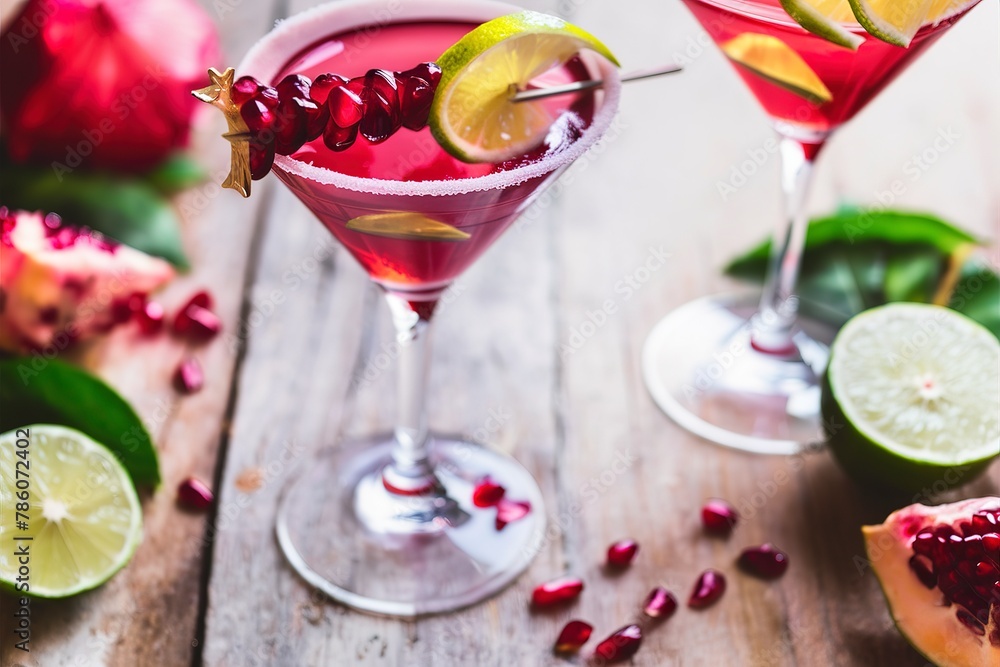 Pomegranate martini with slices of lime and pomegranate seeds Pomegranate martini with slices of lime and pomegranate seeds