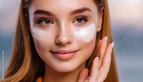 Woman Applying Cream on Face. Generative AI (ID: 786072413)