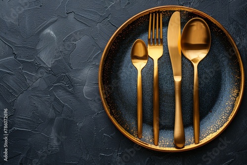 Luxurious metallic utensils with fabric on dish set against a dark backdrop, seen from above.