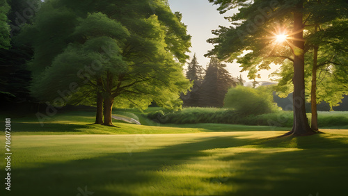 Sunlight streaming down on lush green grass. Soft sunlight to create a bright and warm atmosphere, highlighting the vitality and energy of early summer.