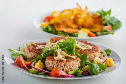 Tuna patties with potato and corn served with salad