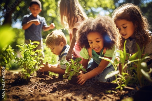 Joyful children learning to plant in sunlight. Gardening, children eco-friendly activities