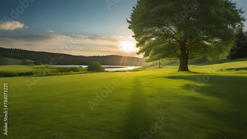 Sunlight streaming down on lush green grass. Soft sunlight to create a bright and warm atmosphere, highlighting the vitality and energy of early summer.