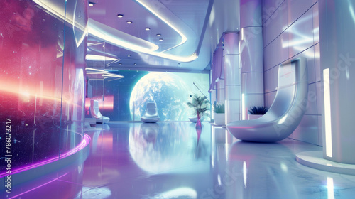 Futuristic interior room with high technology and luxury style, cyber living room with neon light and reflection. photo