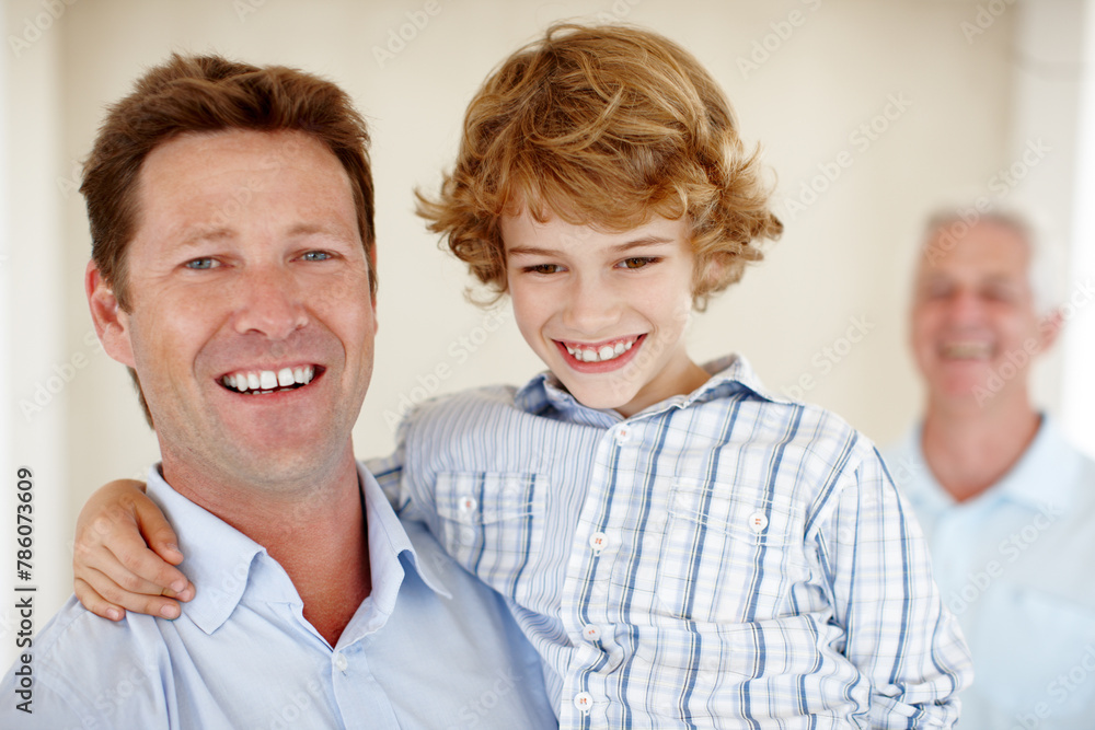 Happy, family and portrait of father and child in home together for bonding, relationship and fun. Hug, childhood and dad, young boy and grandfather embrace for love, support and relax on weekend Happy, family and portrait of father and child in home together for bonding, relationship and fun. Hug, childhood and dad, young boy and grandfather embrace for love, support and relax on weekend