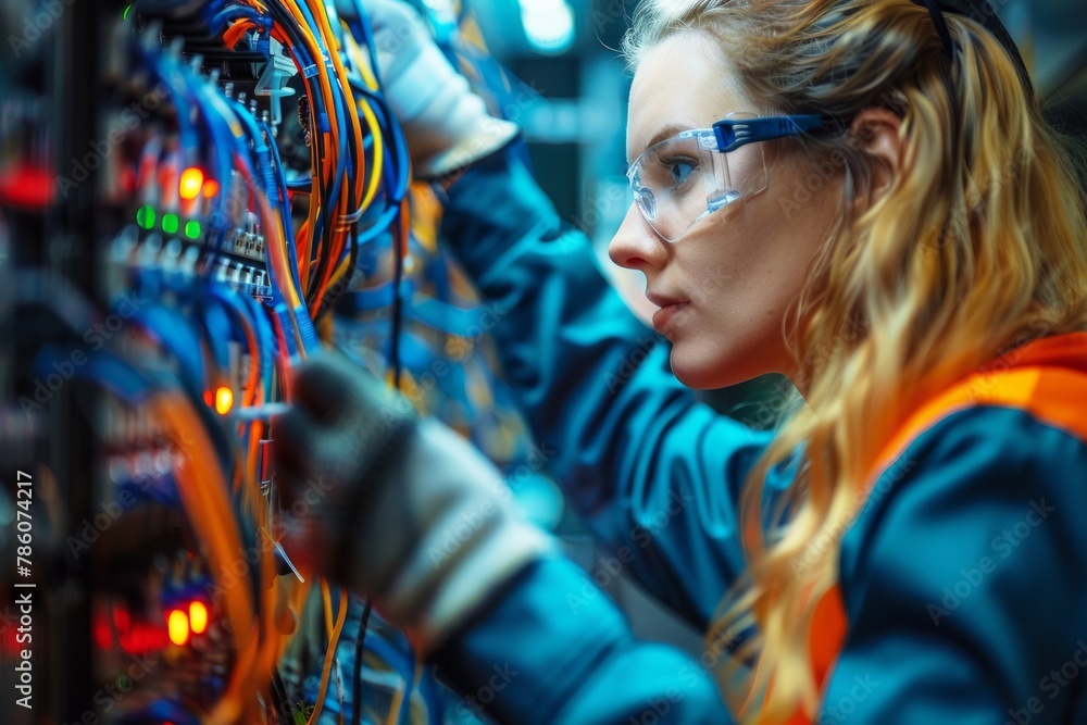 Female Network Technician Patching Fiber Optic Cables in Data Center Female Network Technician Patching Fiber Optic Cables in Data Center