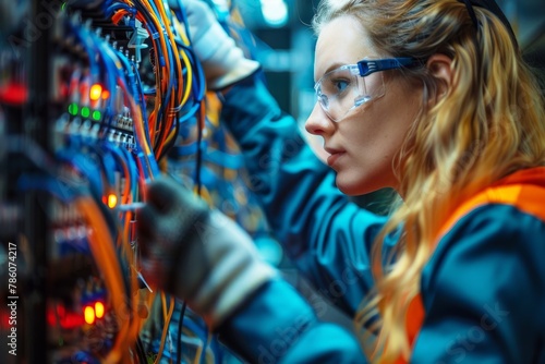 Female Network Technician Patching Fiber Optic Cables in Data Center
