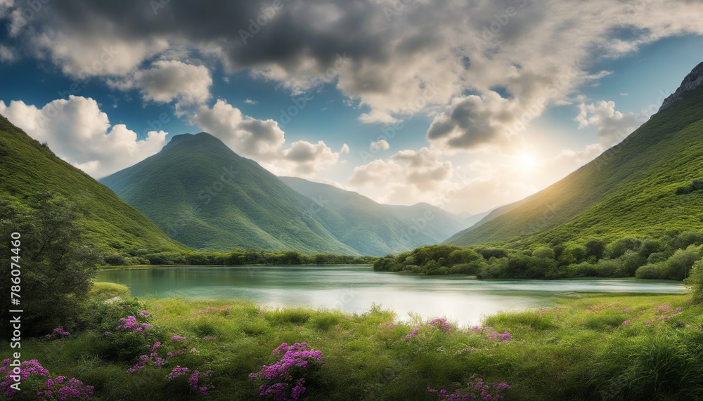 beautiful landscape with lake, clouds, mountains