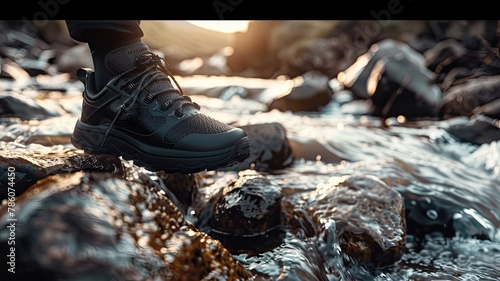 black sneakers against a rocky riverside backdrop through photorealistic close-up photography, bathed in the soft glow of natural light, capturing every intricate detail.