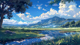 lake in the mountains, lofi style, japan, art, japan art 