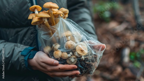 Fungal growth from artificial containers, known as Coprinus fimetarrius, held by a female hand, depicting the idea of cultivating mushrooms. photo