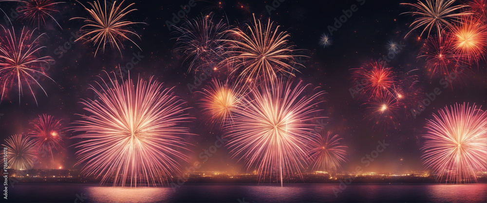 Naklejka premium Happy new Year fireworks background banner - Colorful abstract firework in the dark night