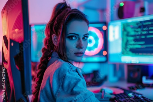 Determined Female Hacker, Dual Monitors, Neon Lighting