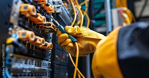 Technician in Blue Uniform Repairing Fiber Optic Cable in Server Room, Network Equipment in Background