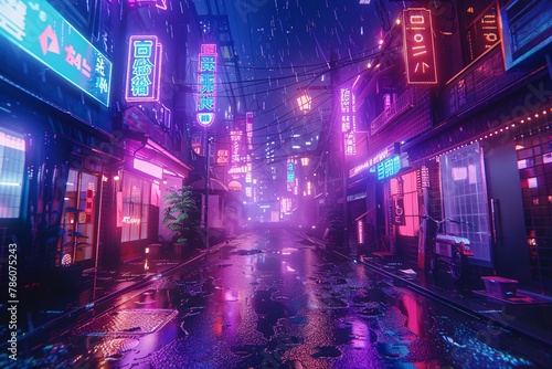 A futuristic cyberpunk city with photorealistic 3D illustrations and a beautiful night skyline featuring empty streets and neon lights.