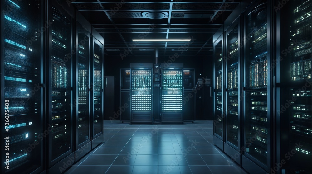 Server room data center. Backup, mining, hosting, mainframe, farm and computer rack with storage information Server room data center. Backup, mining, hosting, mainframe, farm and computer rack with storage information