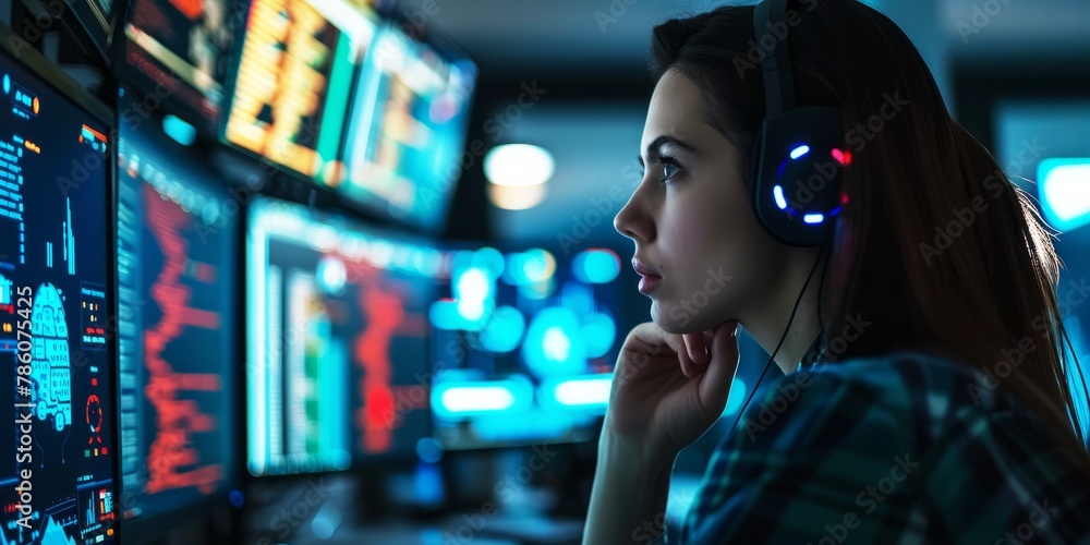 Side View of Female Hacker with Multiple Monitors, Minimal Lighting, Concentration on Complex Tasks Side View of Female Hacker with Multiple Monitors, Minimal Lighting, Concentration on Complex Tasks
